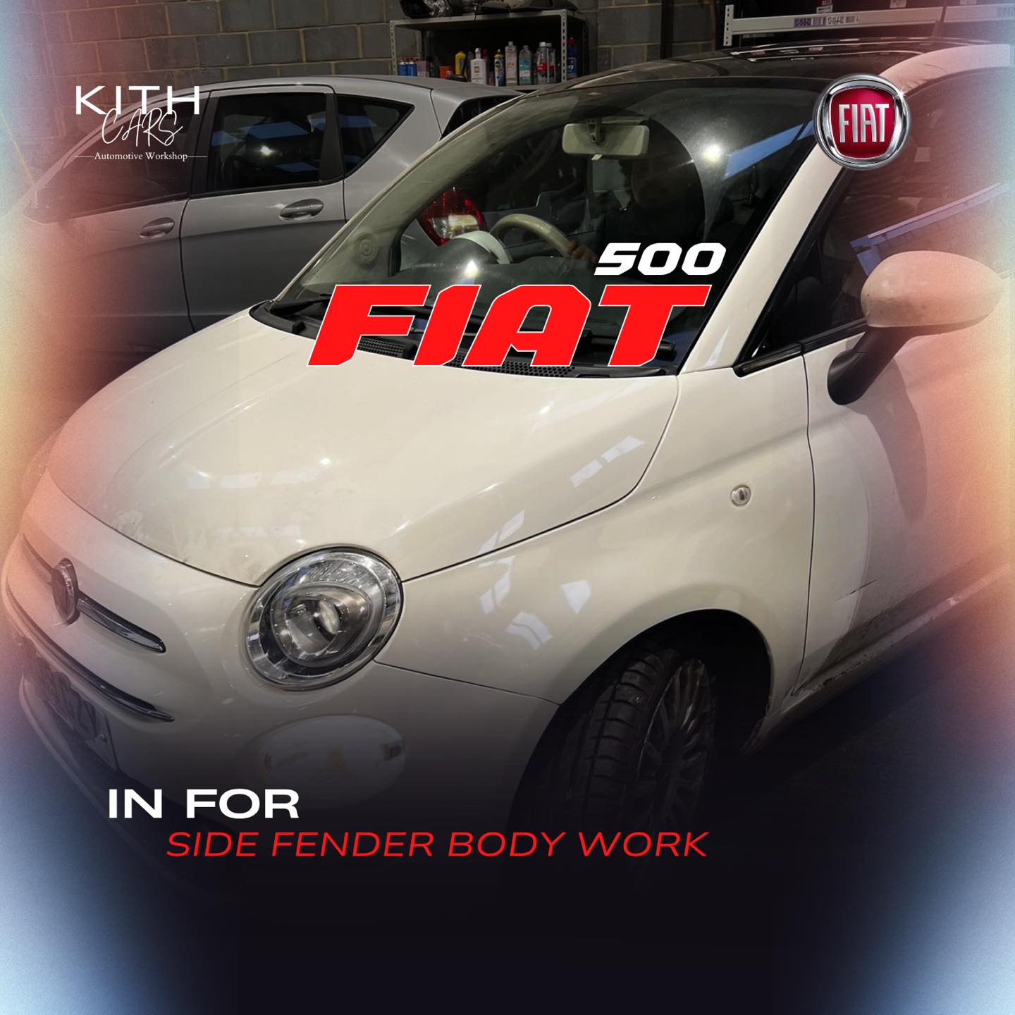 Fiat 500 in for bodywork at KITH Cars Garage & Bodyworks, Hackbridge