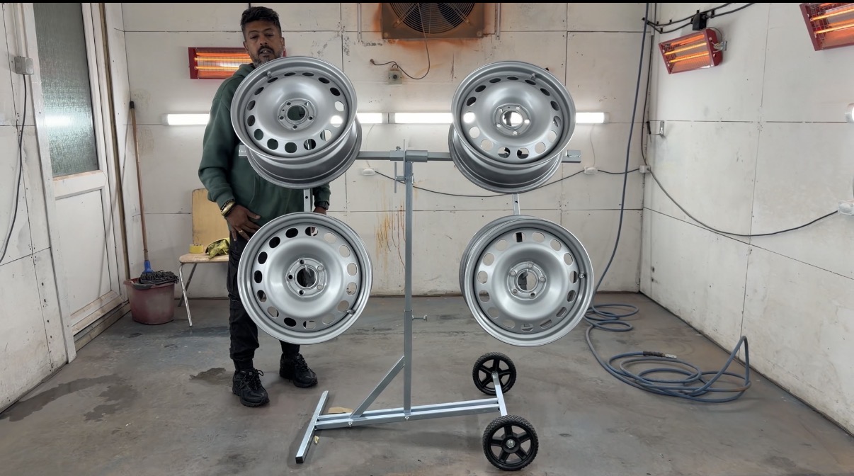 Wheels on a stand in the prep area at KITH Cars Garage & Bodyworks, Hackbridge